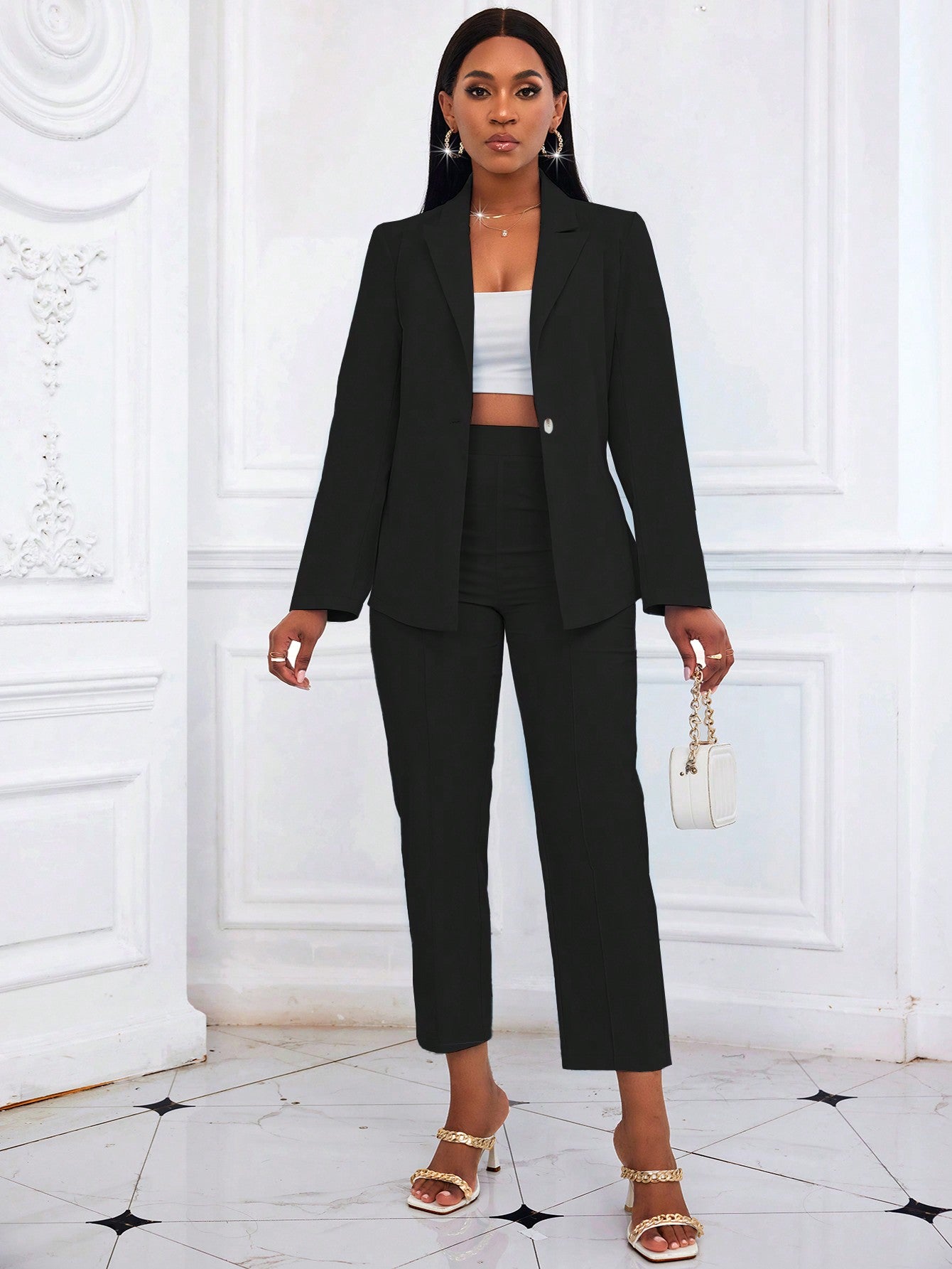 Lady Women Solid Color Long Sleeve Jacket And Pants Suit