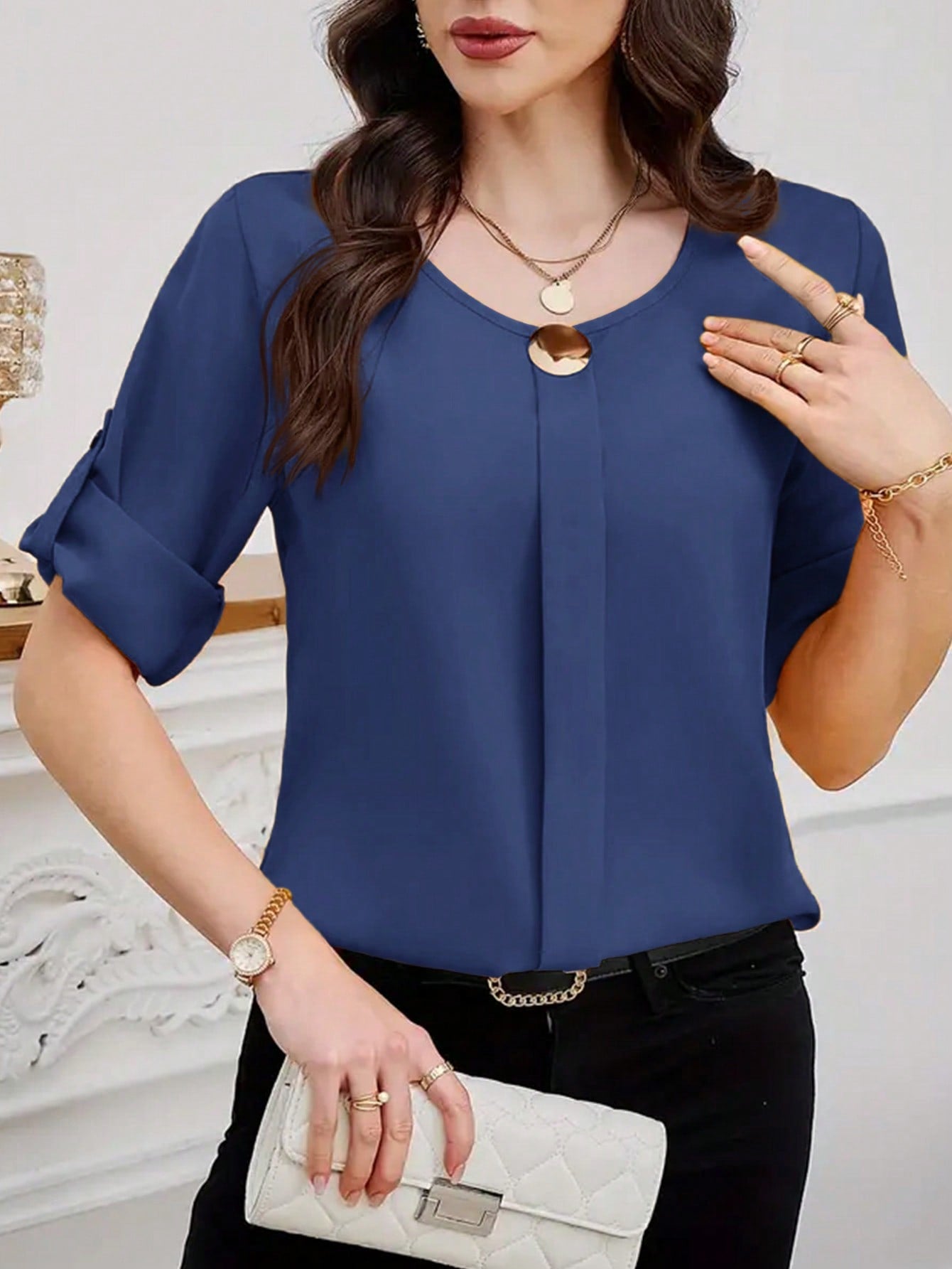 Clasi Women Solid Roll Up Sleeve Blouse