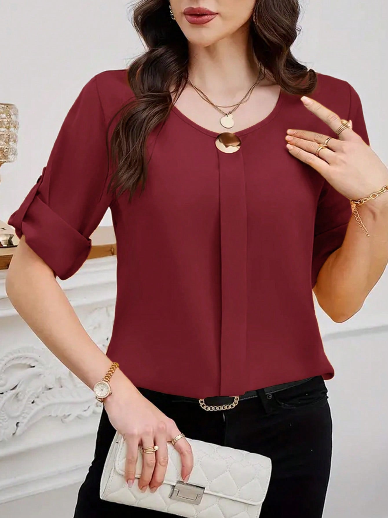 Clasi Women Solid Roll Up Sleeve Blouse