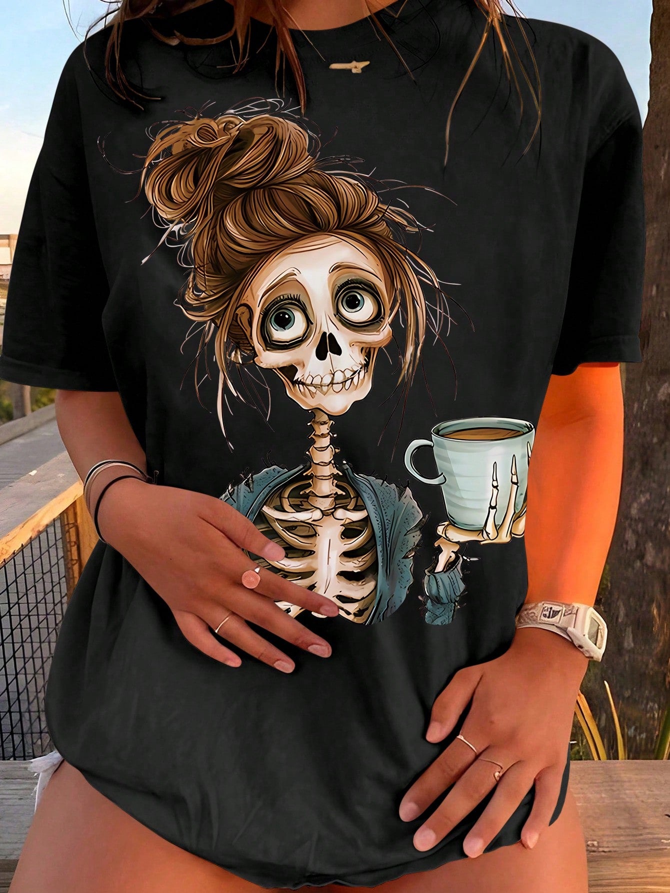 INAWLY Women's Casual Loose Fit Skull Print Round Neck Drop Shoulder Sleeve T-Shirt, Summer Tee, Halloween Clothes Graphic Tees Women Tops