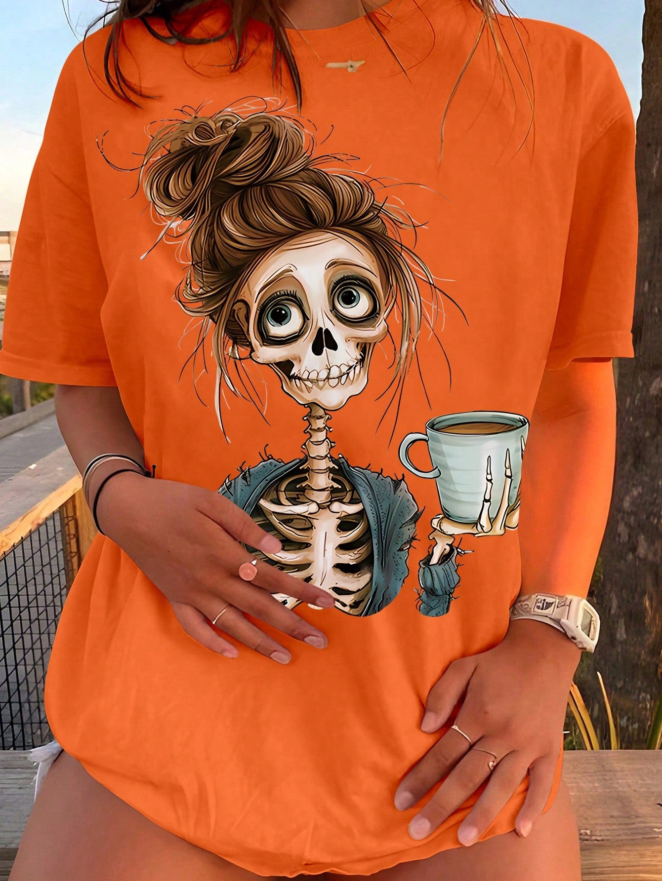 INAWLY Women's Casual Loose Fit Skull Print Round Neck Drop Shoulder Sleeve T-Shirt, Summer Tee, Halloween Clothes Graphic Tees Women Tops
