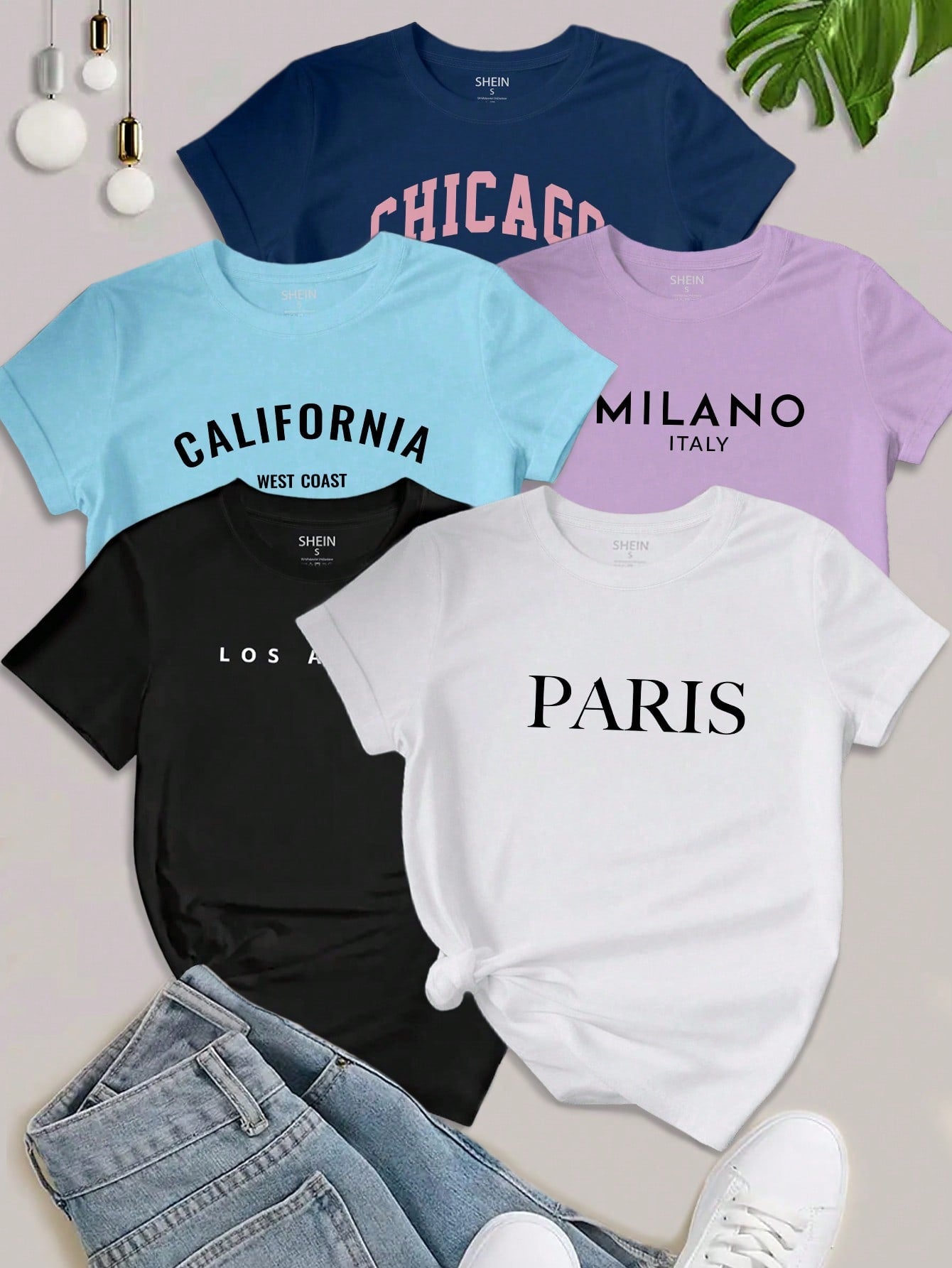 EZwear 5PCS Women's Slogan Letter Printed T-Shirt Short Sleeved Casual Top Graphic Tees Women Tops