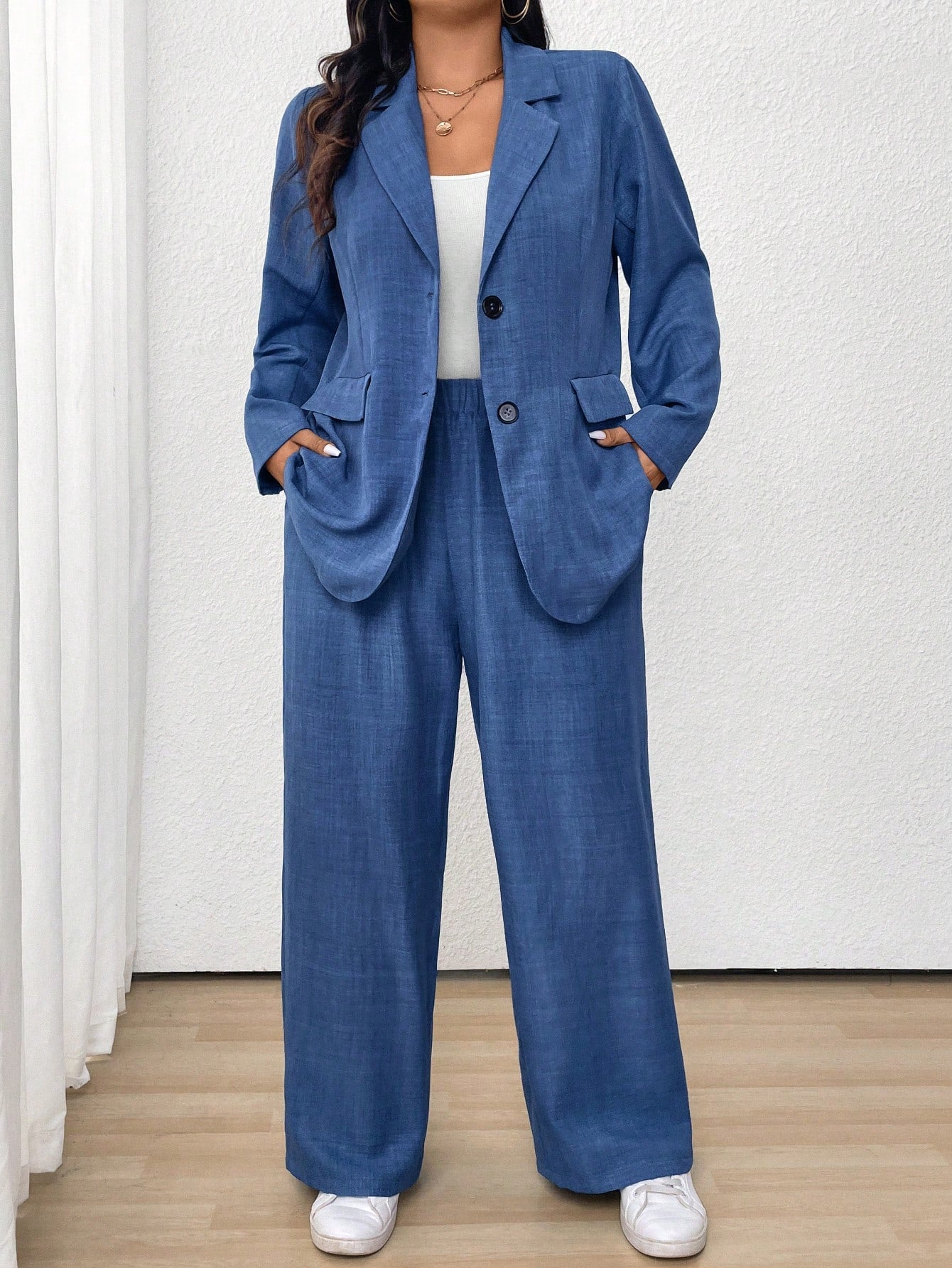 LUNE Plus Size Casual Business Solid Color Jacket And Pants Suit