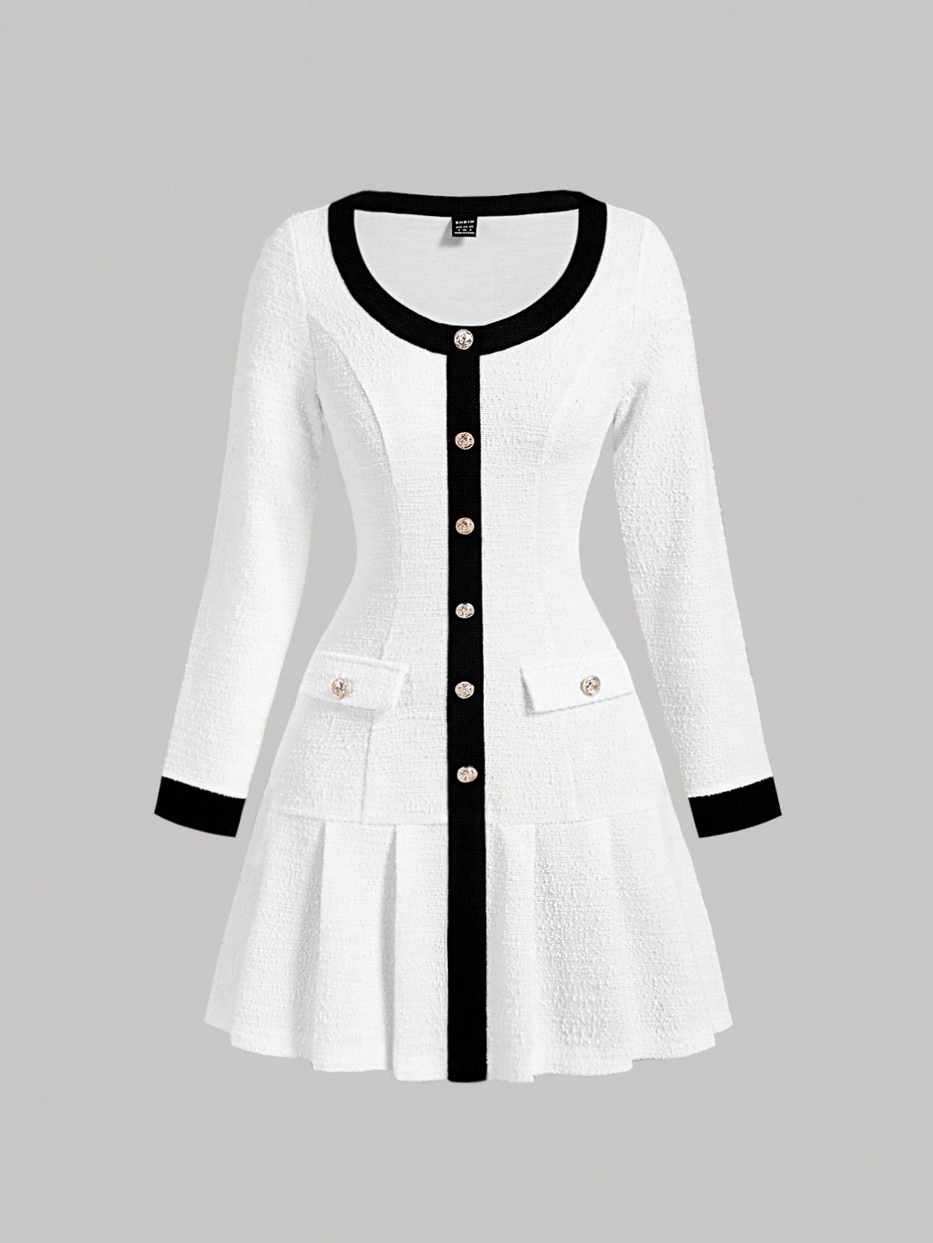 MOD Black & White Contrast Pleat Detail Fitted Long Sleeve Knit Dress