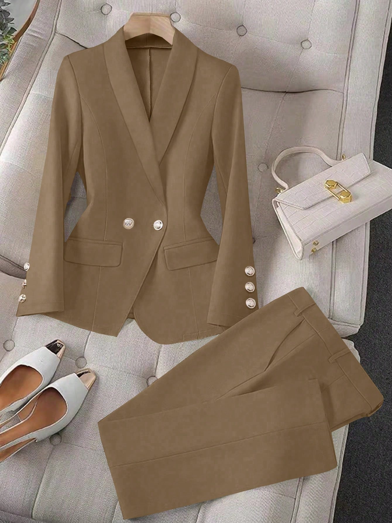 Raffinéa Apricot Color Long Sleeve Lapel Women's Suit Jacket And Pants Set