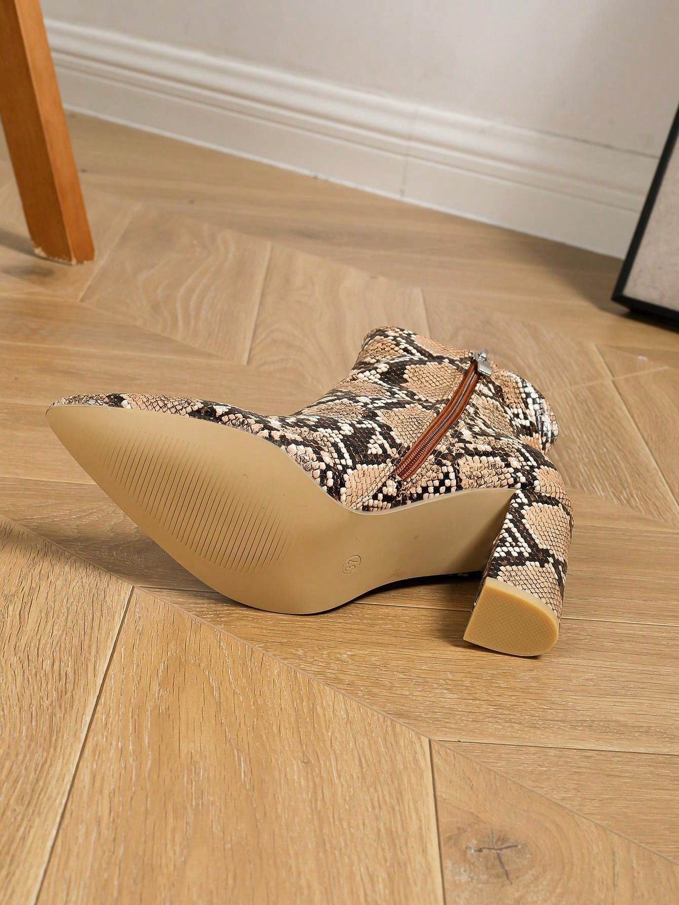 Women's Fashion Snake Skin Texture Chunky High Heel Ankle Boots