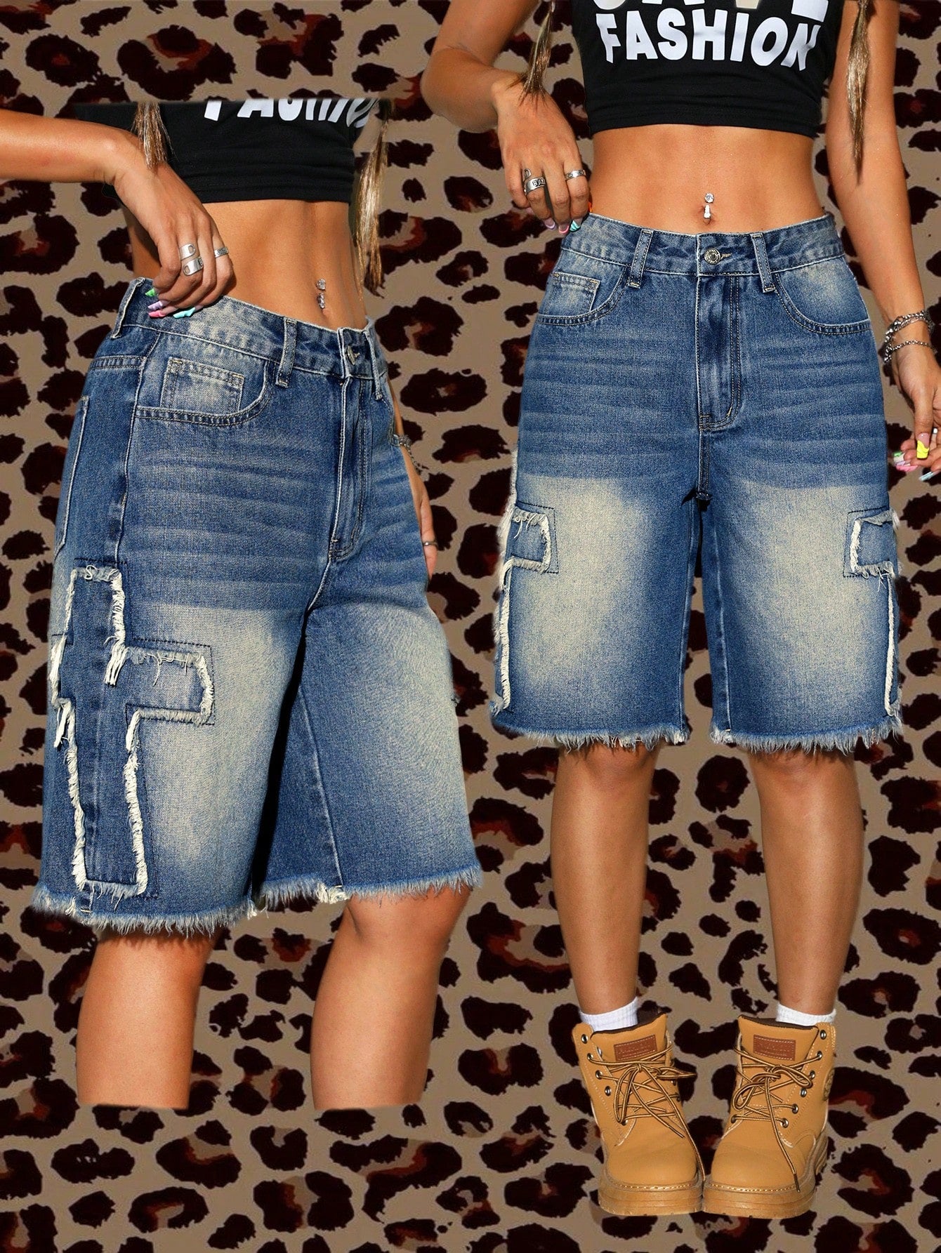 ICON Vintage Wash Denim Shorts With Front Buttons, Multiple Pockets, And Embroidered Detailing