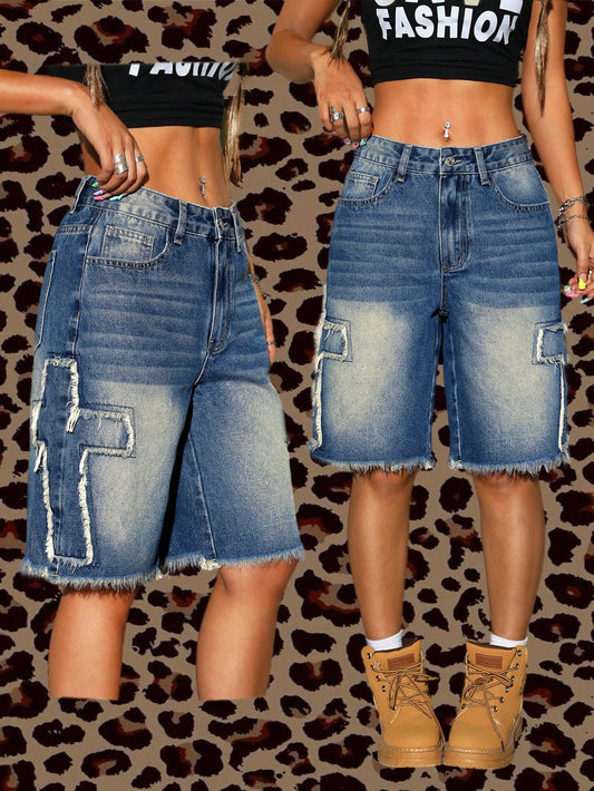 ICON Vintage Wash Denim Shorts With Front Buttons, Multiple Pockets, And Embroidered Detailing