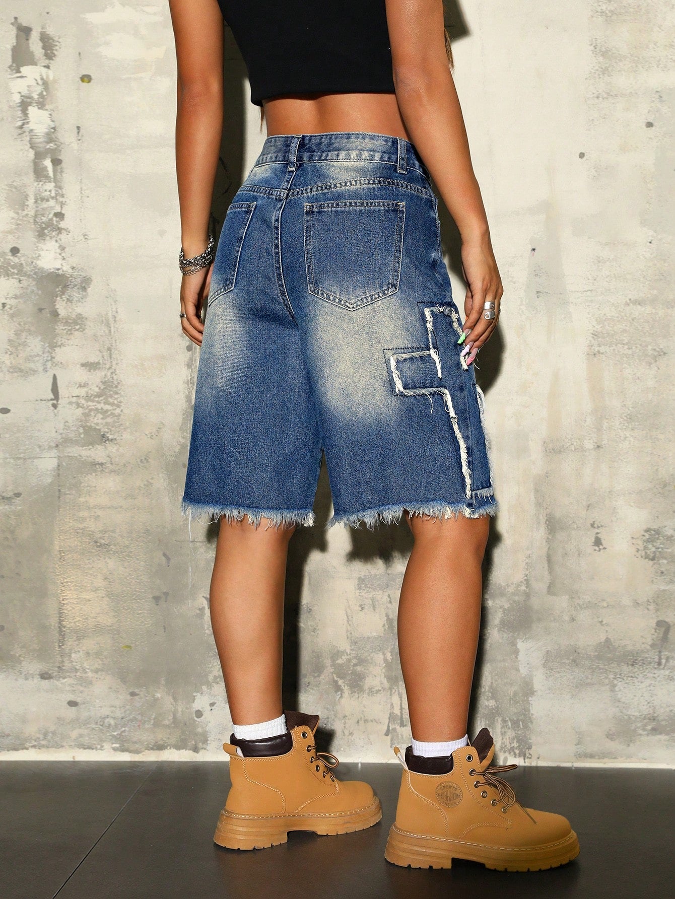 ICON Vintage Wash Denim Shorts With Front Buttons, Multiple Pockets, And Embroidered Detailing