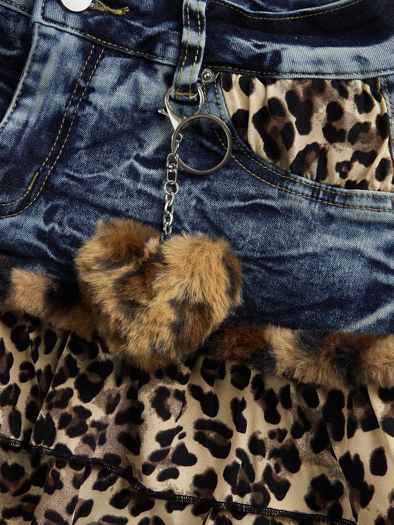 ROMWE Kawaii Y2K Style Leopard Print Patchwork Cute Denim Mini Skirt