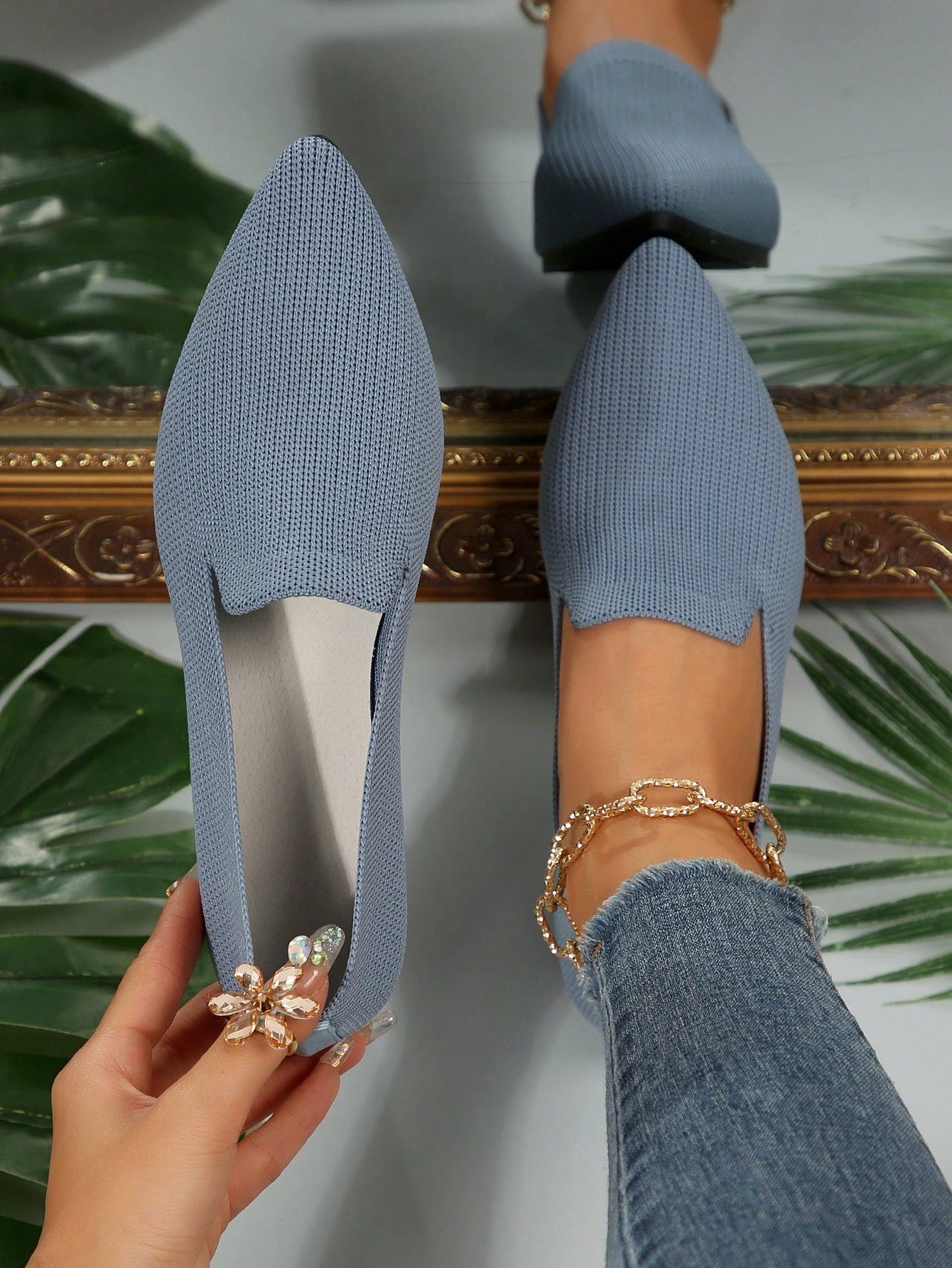 Women's Solid Color Flat Shoes, Breathable Knitted Pointed Toe Slip-On Shoes, Lightweight & Comfortable