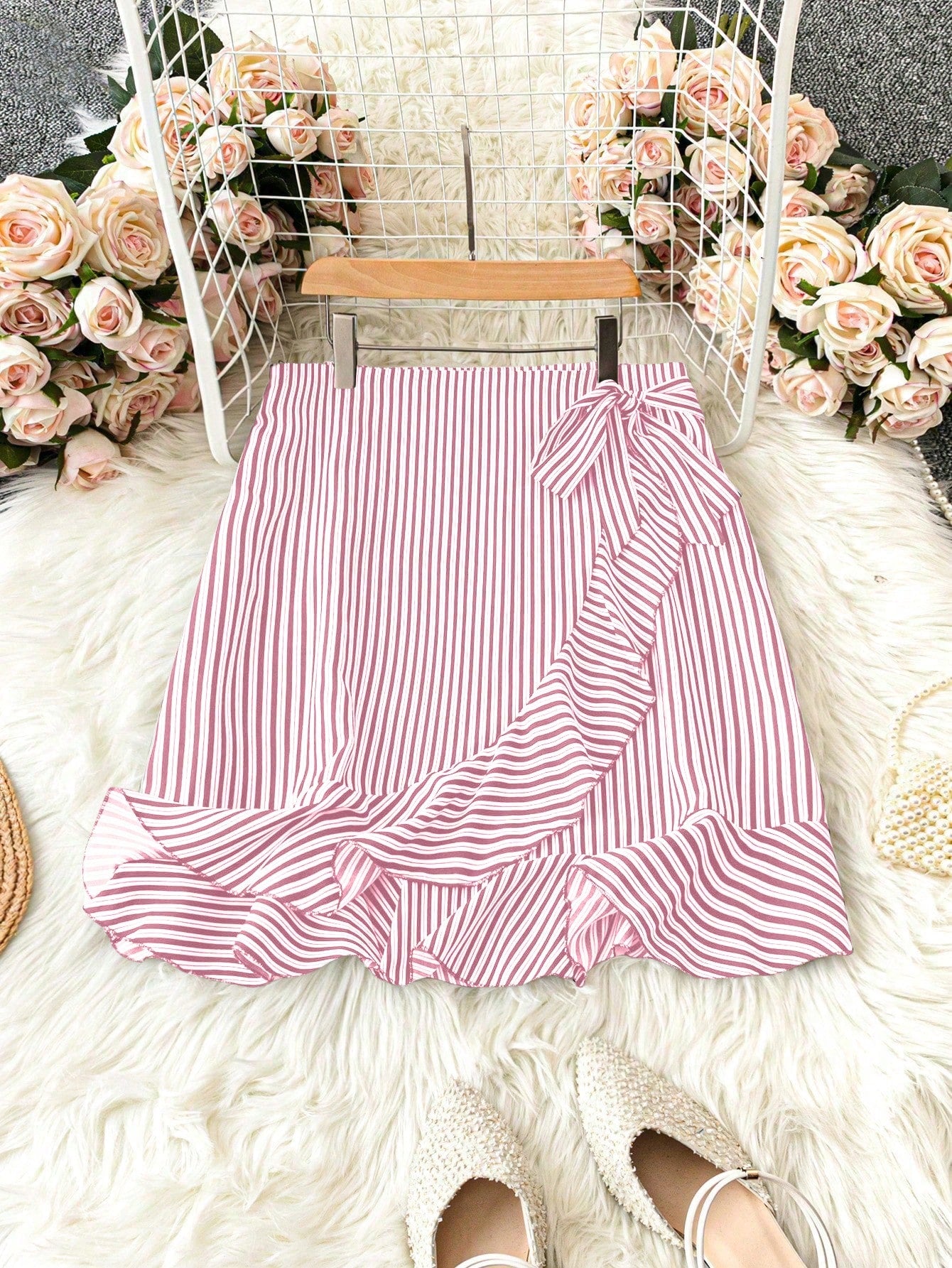 LUNE Plus Size Spring & Summer Casual Color-Block Striped Tie Waist Ruffled Wrap Skirt Ruffle Shorts