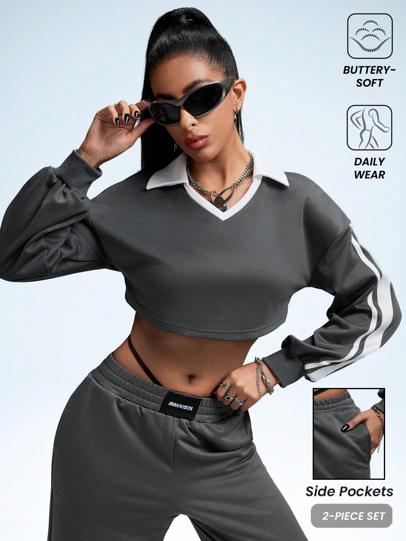 Innovista Women's Colorblock Loose Fit 2pcs Sports Sets,2 Pieces Set,Tracksuit,Girls' Activewear Set,Colorblock,Back To School,Gym,Workout,Yoga,Daily Casual,Running,Dark Grey Sets,Fall Winter Women Outfit,Winter Women Clothes