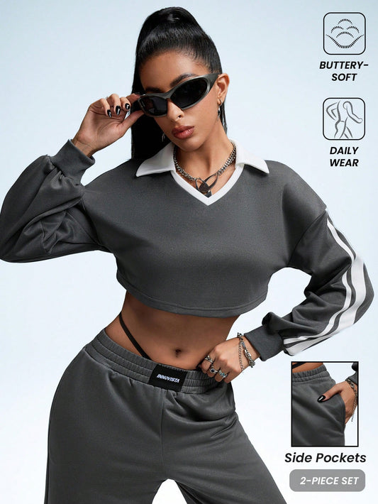 Innovista Women's Colorblock Loose Fit 2pcs Sports Sets,2 Pieces Set,Tracksuit,Girls' Activewear Set,Colorblock,Back To School,Gym,Workout,Yoga,Daily Casual,Running,Dark Grey Sets,Fall Winter Women Outfit,Winter Women Clothes