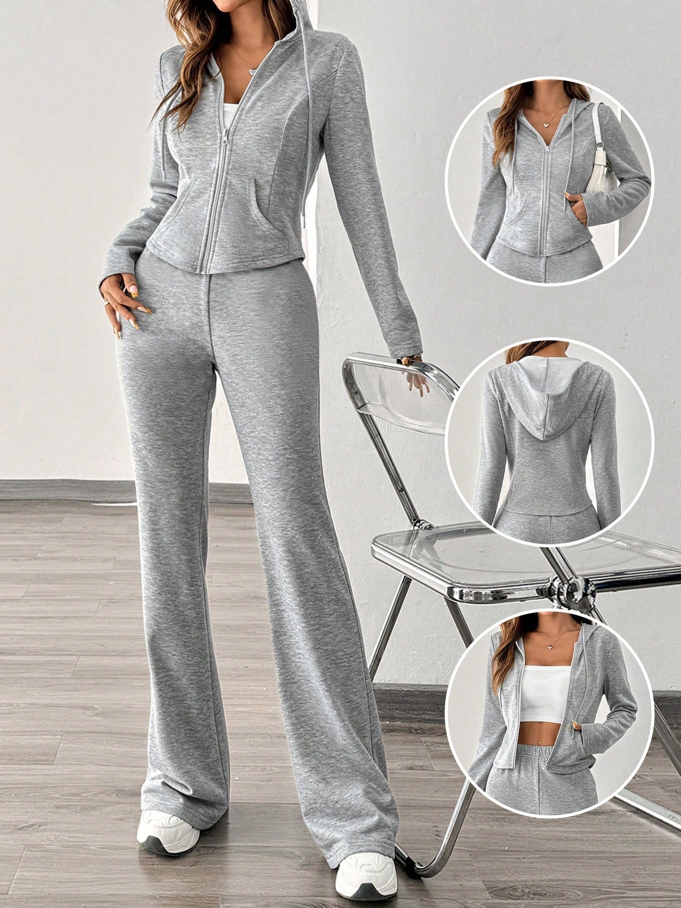 Essnce 2pcs Women Fashion Casual Sports Sweatsuit, Hoodie Jacket And Wide Leg Pants, Autumn