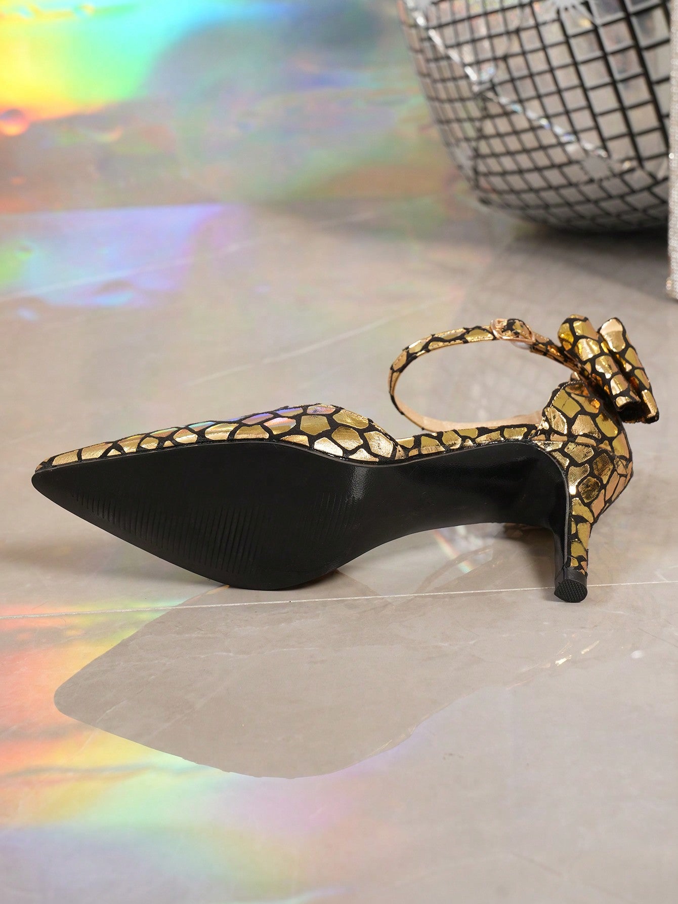 Women Spring Autumn Gold Satin Bow Pointed Toe Ankle Strap High Heel Shoes