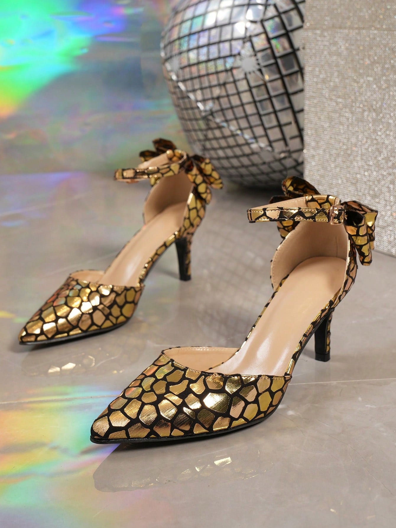 Women Spring Autumn Gold Satin Bow Pointed Toe Ankle Strap High Heel Shoes