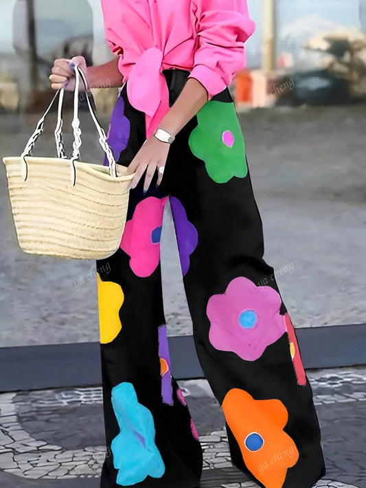 Women Floral Printed Loose Wide Leg Casual Pants