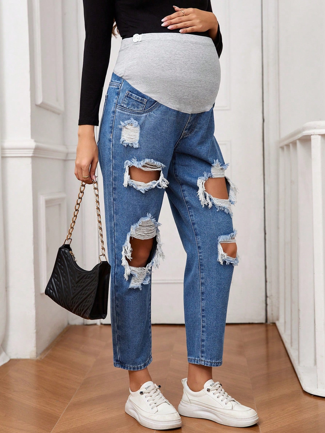 Pregnant Women's Daily Simple Solid Color Ripped Jeans For Maternity