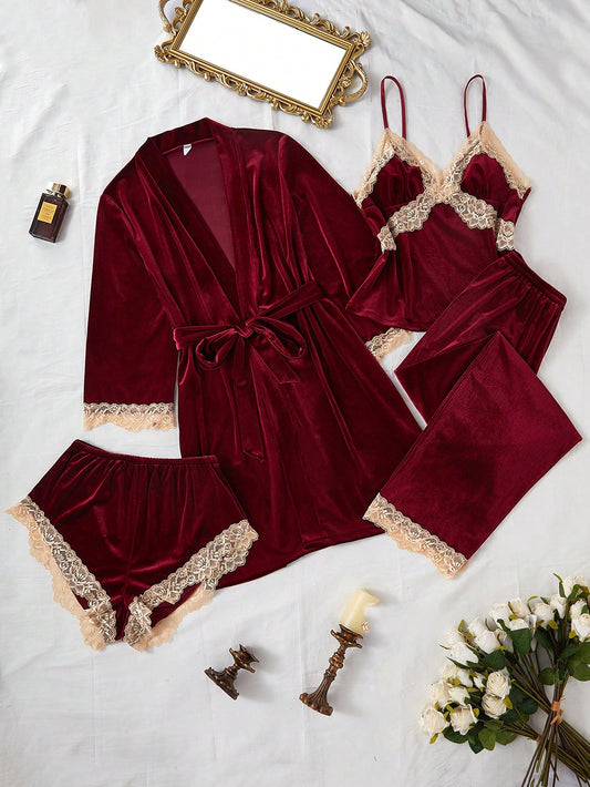 4pcs Contrast Color Lace & Velvet Camisole, Shorts, Pants And Robe Set