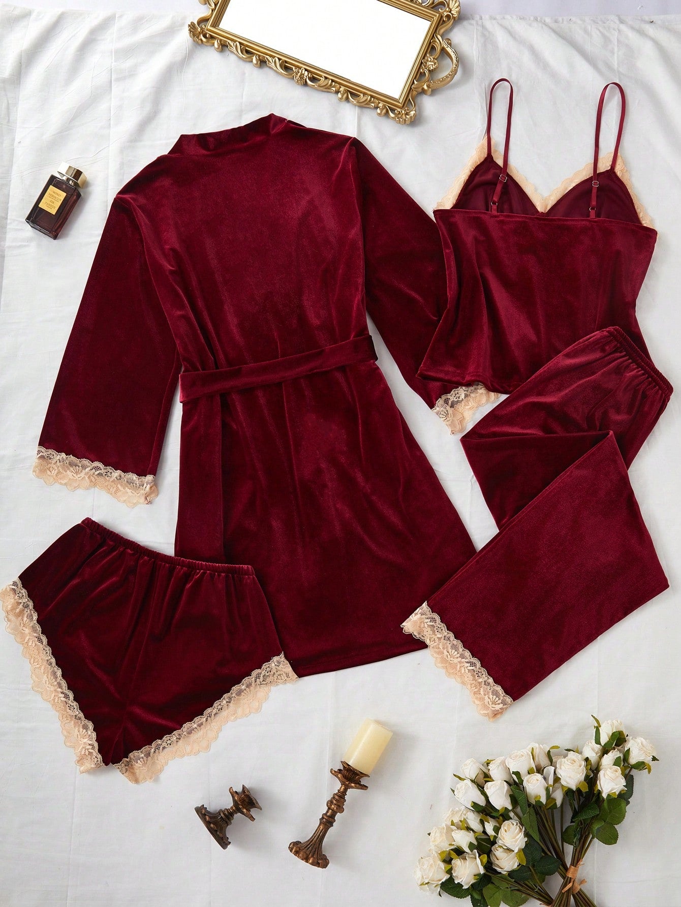 4pcs Contrast Color Lace & Velvet Camisole, Shorts, Pants And Robe Set