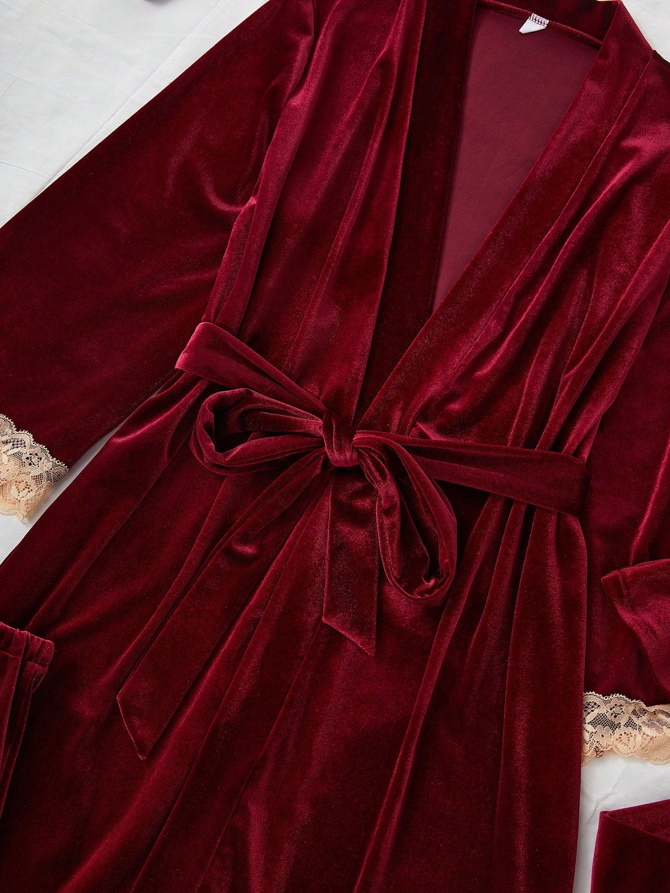 4pcs Contrast Color Lace & Velvet Camisole, Shorts, Pants And Robe Set