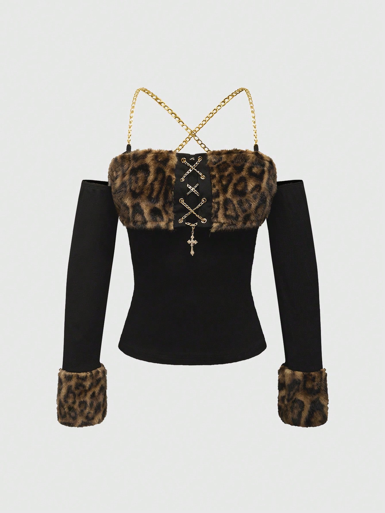 ROMWE Grunge Punk Y2K Harajuku Print Patchwork Leopard Furry Tight Fitted Cropped Tank Top With Sleeve