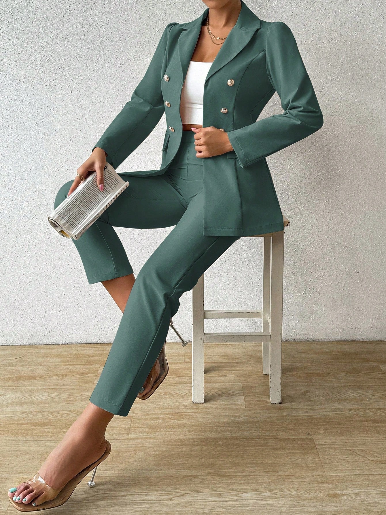 Raffinéa 2pcs Solid Color Double-Breasted Jacket And Trousers Suit, Spring & Fall