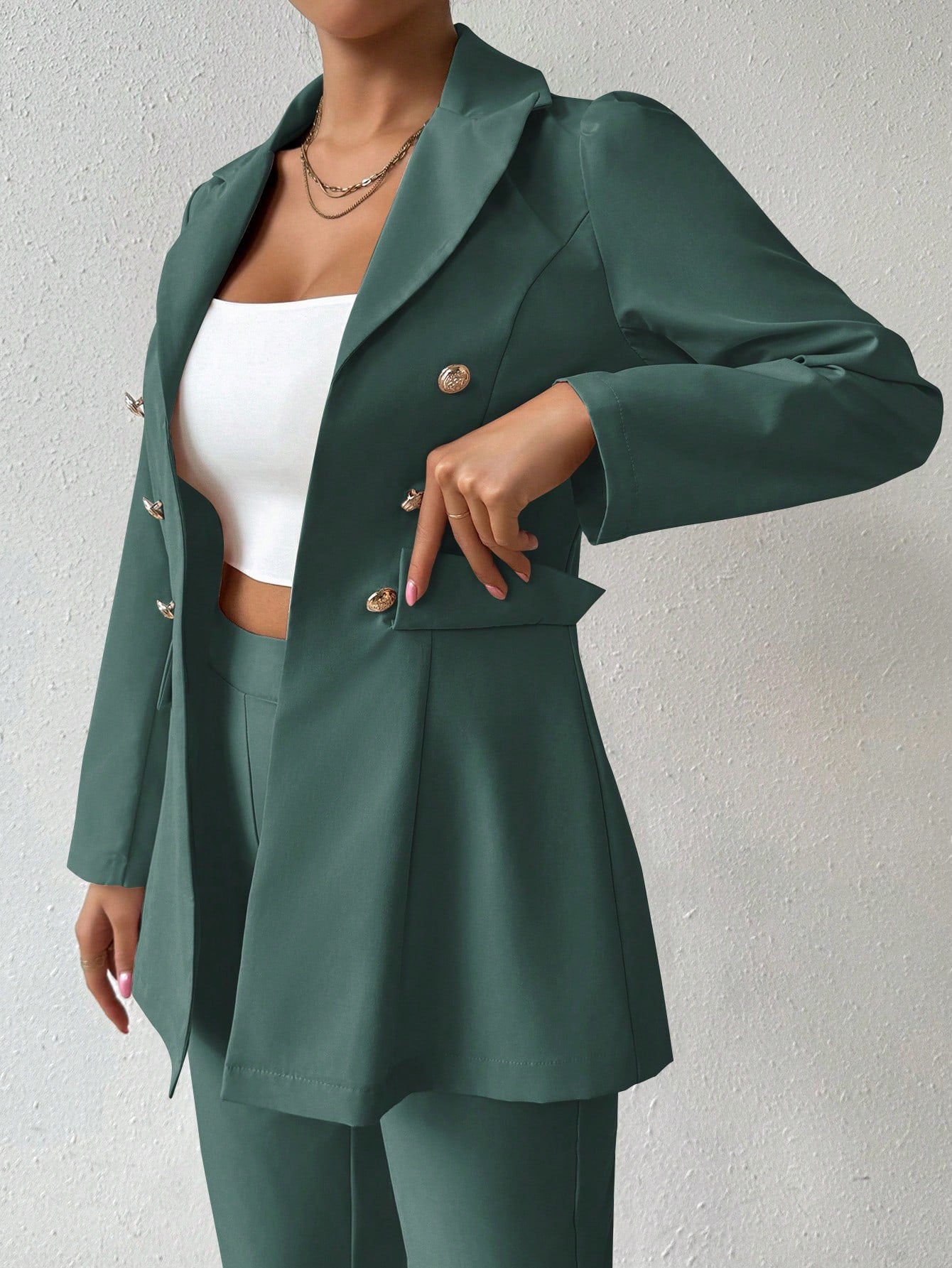 Raffinéa 2pcs Solid Color Double-Breasted Jacket And Trousers Suit, Spring & Fall