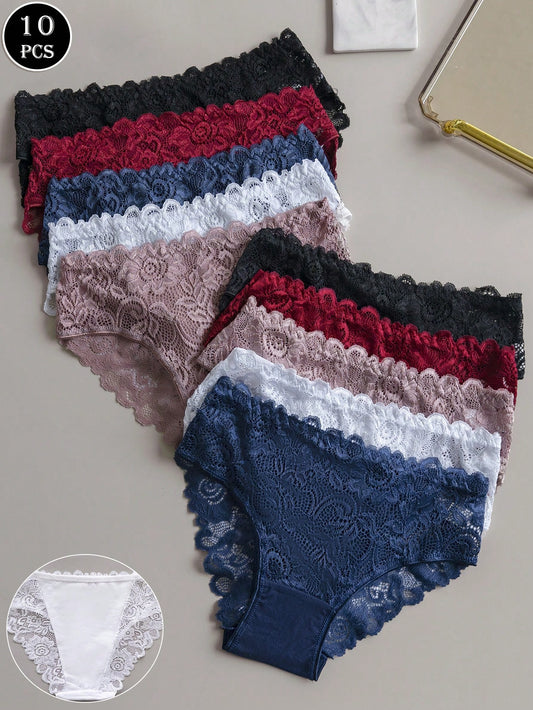 10pcs/Pack Elegant Lace Women Underwear, Ladies' Solid Color Lace Triangle Panties Sexy Lingerie