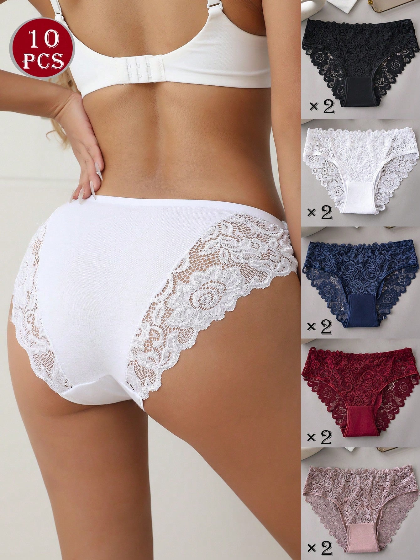 10pcs/Pack Elegant Lace Women Underwear, Ladies' Solid Color Lace Triangle Panties Sexy Lingerie
