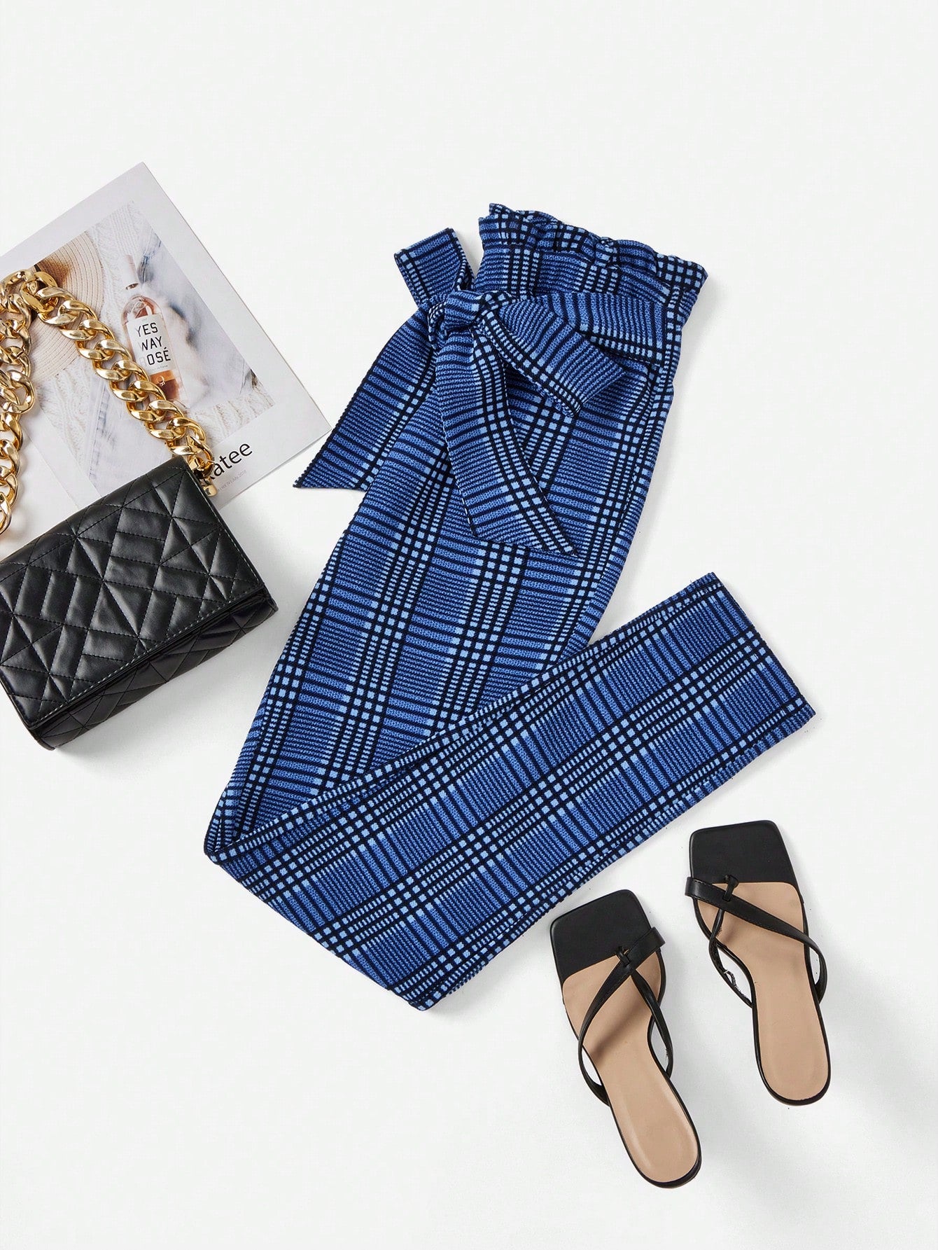 Clasi Women Paperbag Waist Belted Blue Plaid Pants With Ruffle Trim & Bow Tie