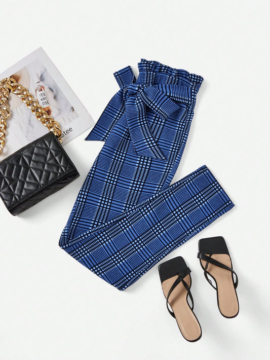 Clasi Women Paperbag Waist Belted Blue Plaid Pants With Ruffle Trim & Bow Tie