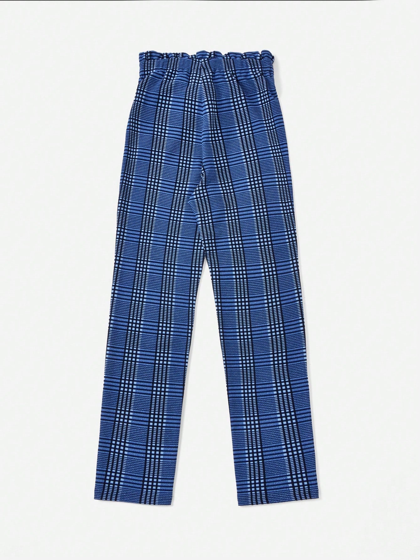 Clasi Women Paperbag Waist Belted Blue Plaid Pants With Ruffle Trim & Bow Tie