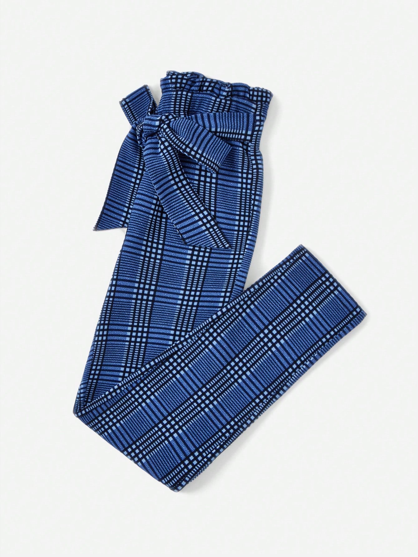 Clasi Women Paperbag Waist Belted Blue Plaid Pants With Ruffle Trim & Bow Tie