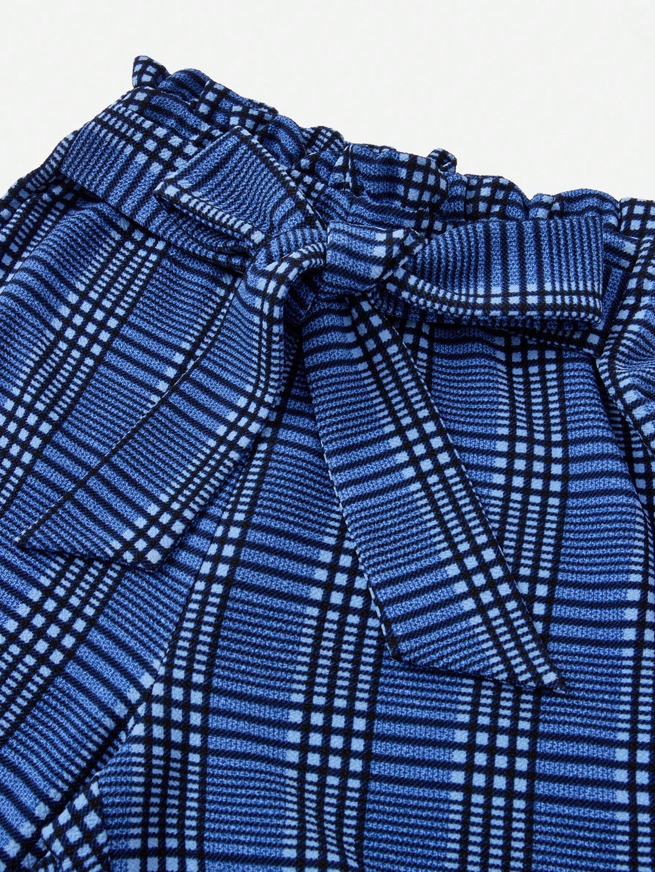 Clasi Women Paperbag Waist Belted Blue Plaid Pants With Ruffle Trim & Bow Tie