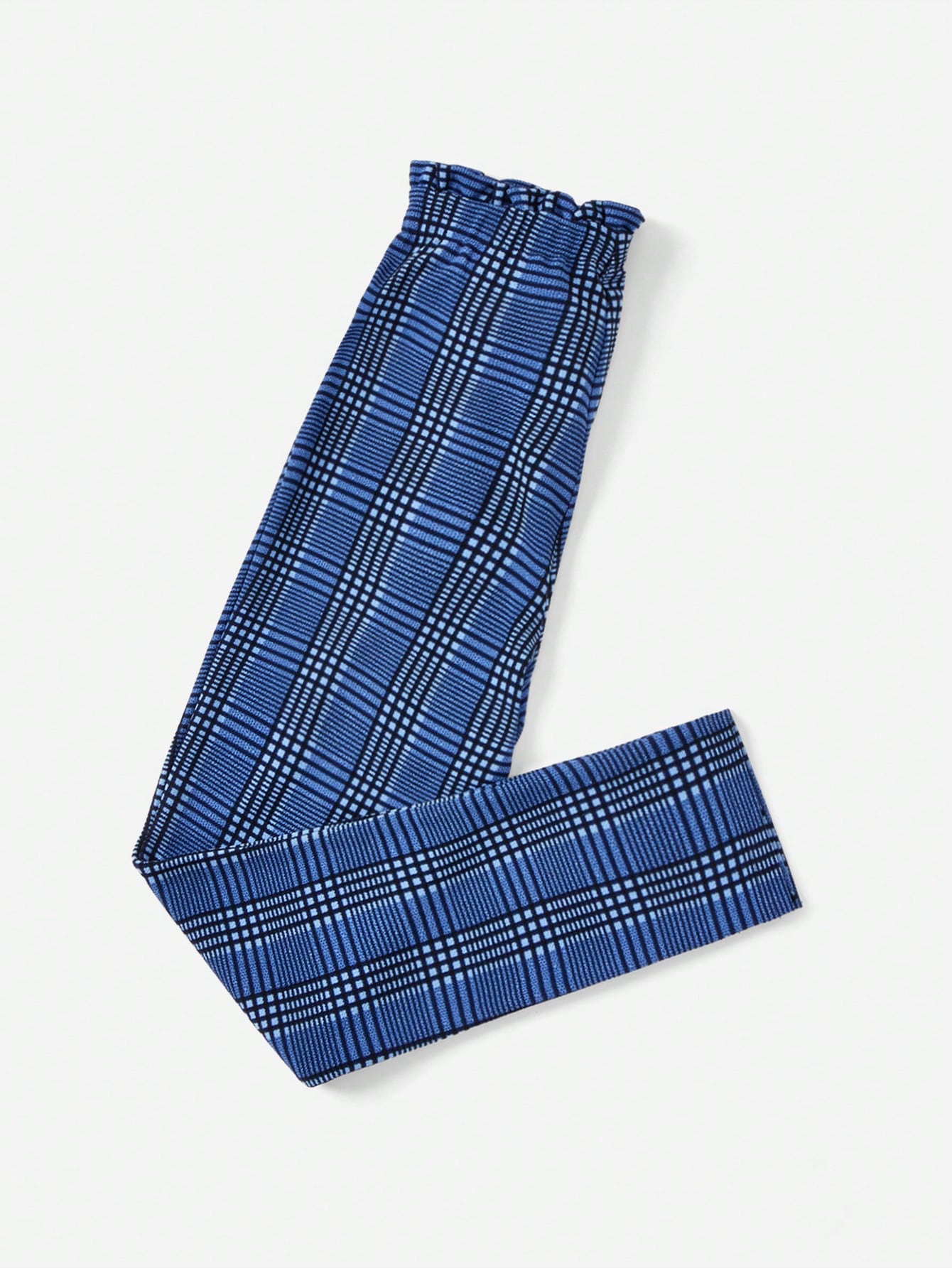 Clasi Women Paperbag Waist Belted Blue Plaid Pants With Ruffle Trim & Bow Tie