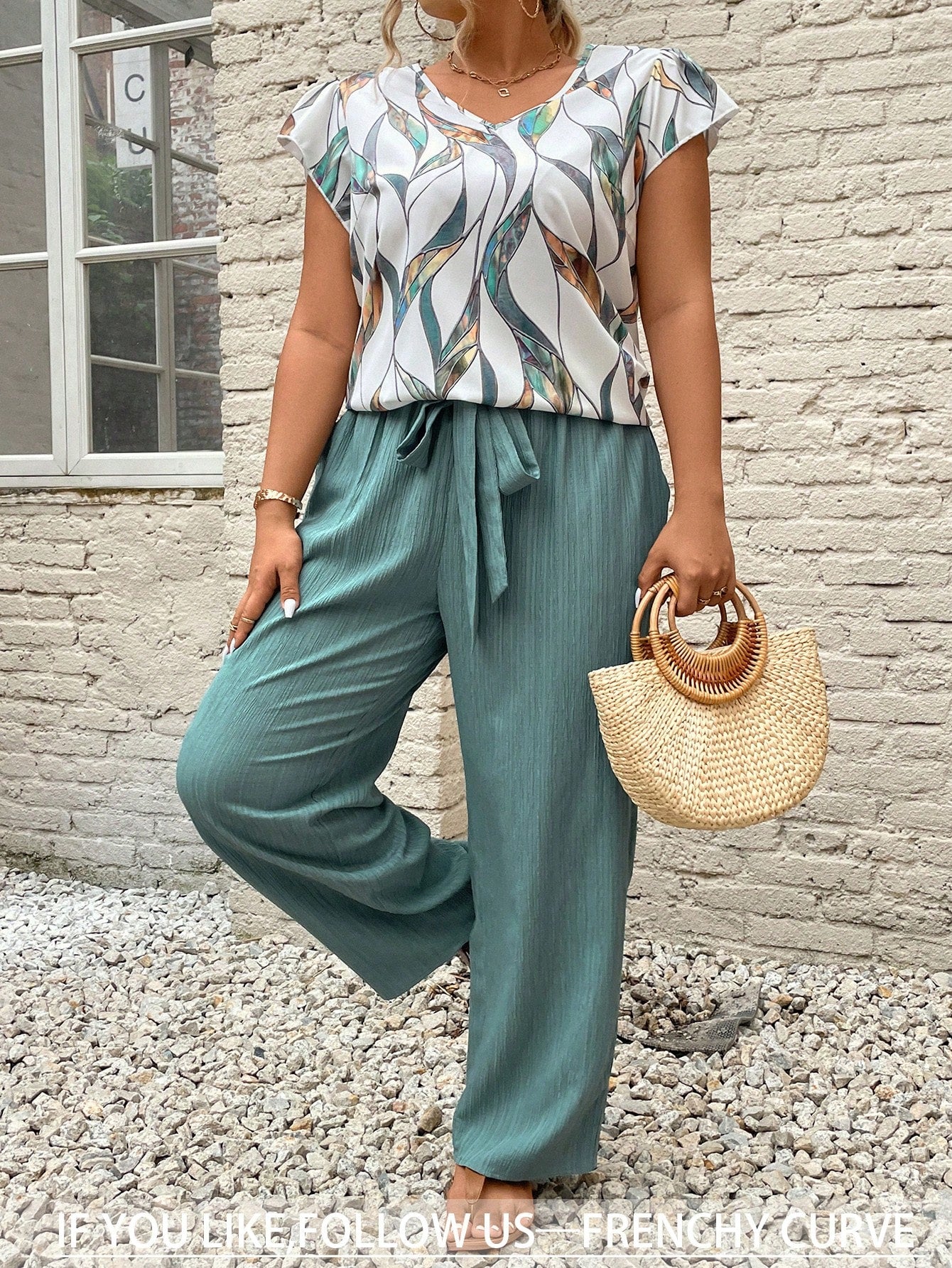 Frenchy Comfortable Summer Plus Size 2pcs Set With Pockets Vacation, Bow Tie Waistband And Leaf Pattern