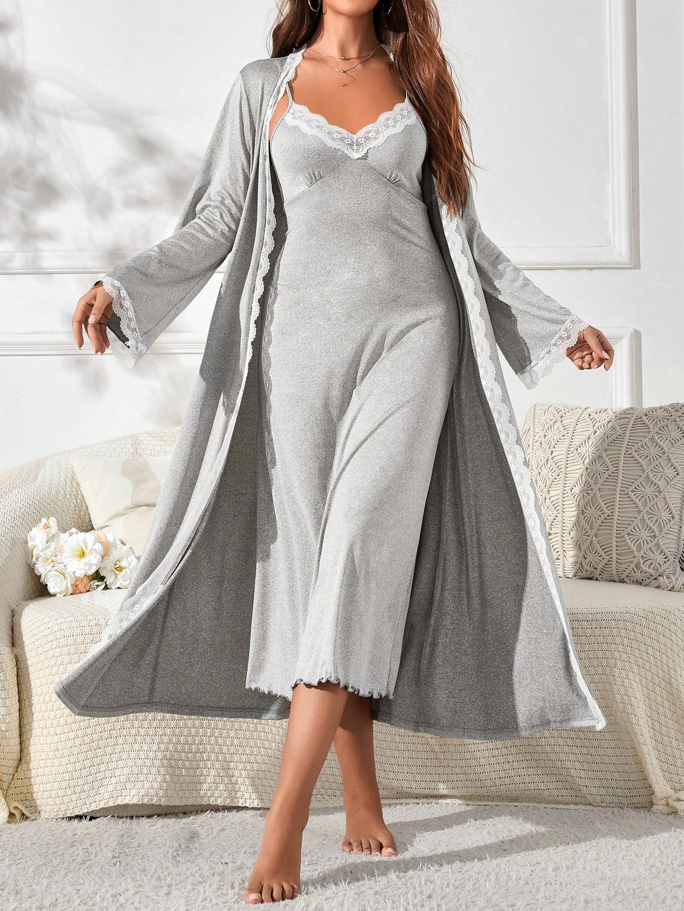Women's Long Sleeve Lace Trim Cardigan And Spaghetti Strap Elegant Pajama Dress Loungewear