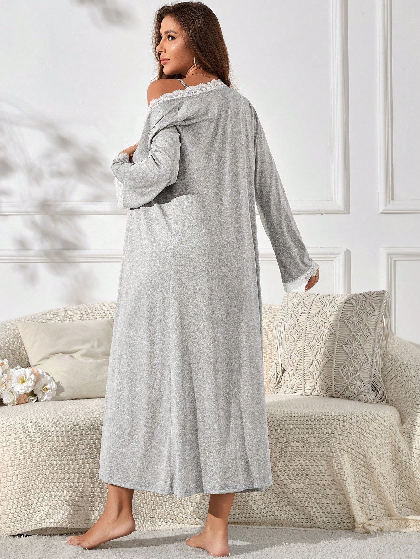 Women's Long Sleeve Lace Trim Cardigan And Spaghetti Strap Elegant Pajama Dress Loungewear