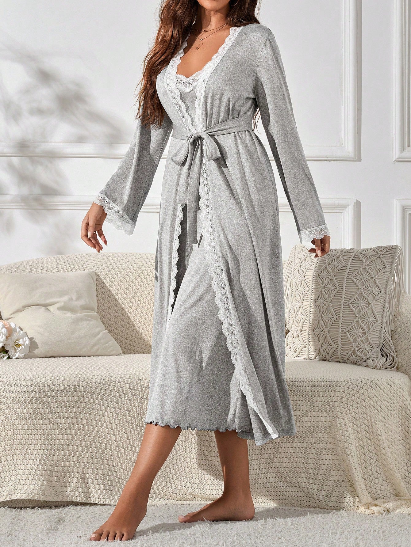 Women's Long Sleeve Lace Trim Cardigan And Spaghetti Strap Elegant Pajama Dress Loungewear