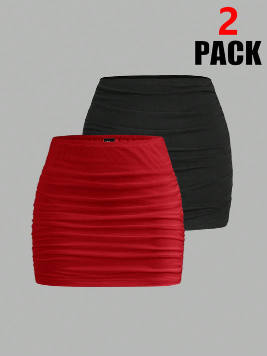 EZwear 2pcs Mesh Double Layer See-Through Bodycon Mini Skirt Set