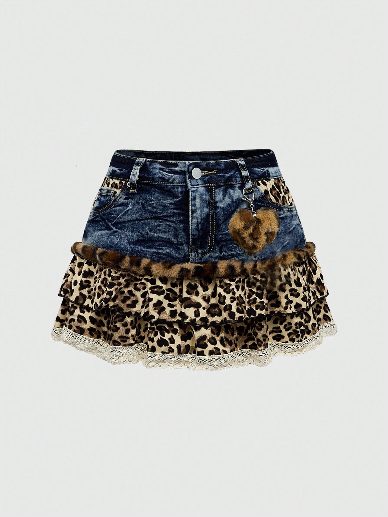 ROMWE Kawaii Y2K Style Leopard Print Patchwork Cute Denim Mini Skirt