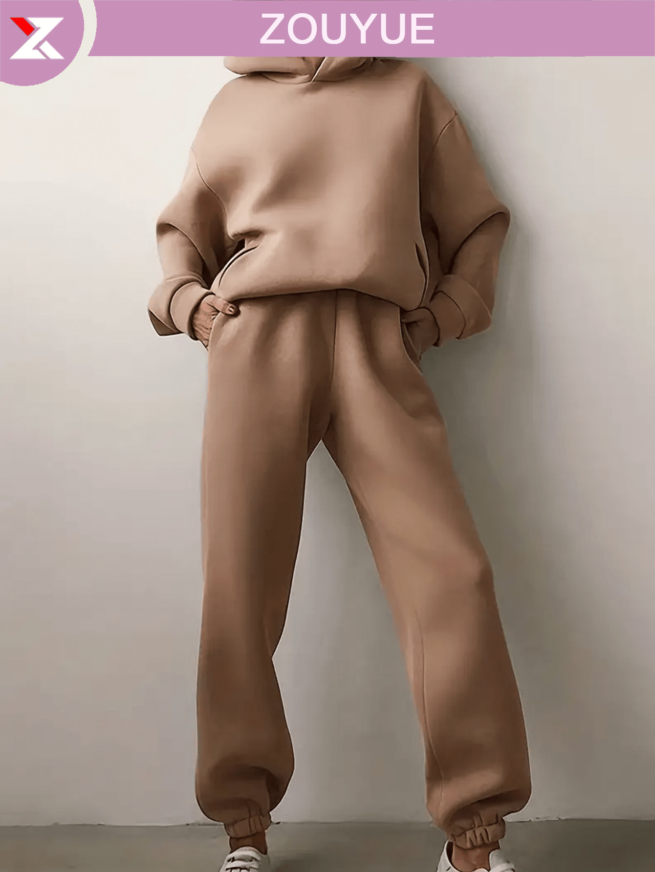 Casual Solid Color Two-Piece Set, Off-Shoulder Long Sleeve Hoodie And Elastic Waist Jogging Pants, Women's Clothing