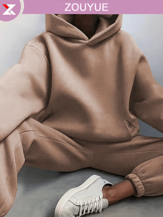 Casual Solid Color Two-Piece Set, Off-Shoulder Long Sleeve Hoodie And Elastic Waist Jogging Pants, Women's Clothing