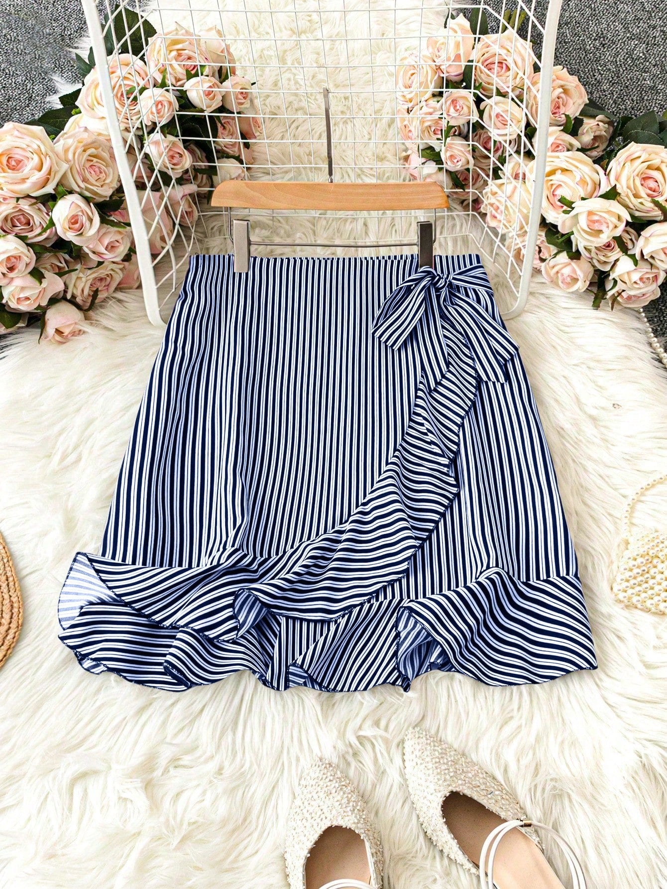 LUNE Plus Size Spring & Summer Casual Color-Block Striped Tie Waist Ruffled Wrap Skirt Ruffle Shorts