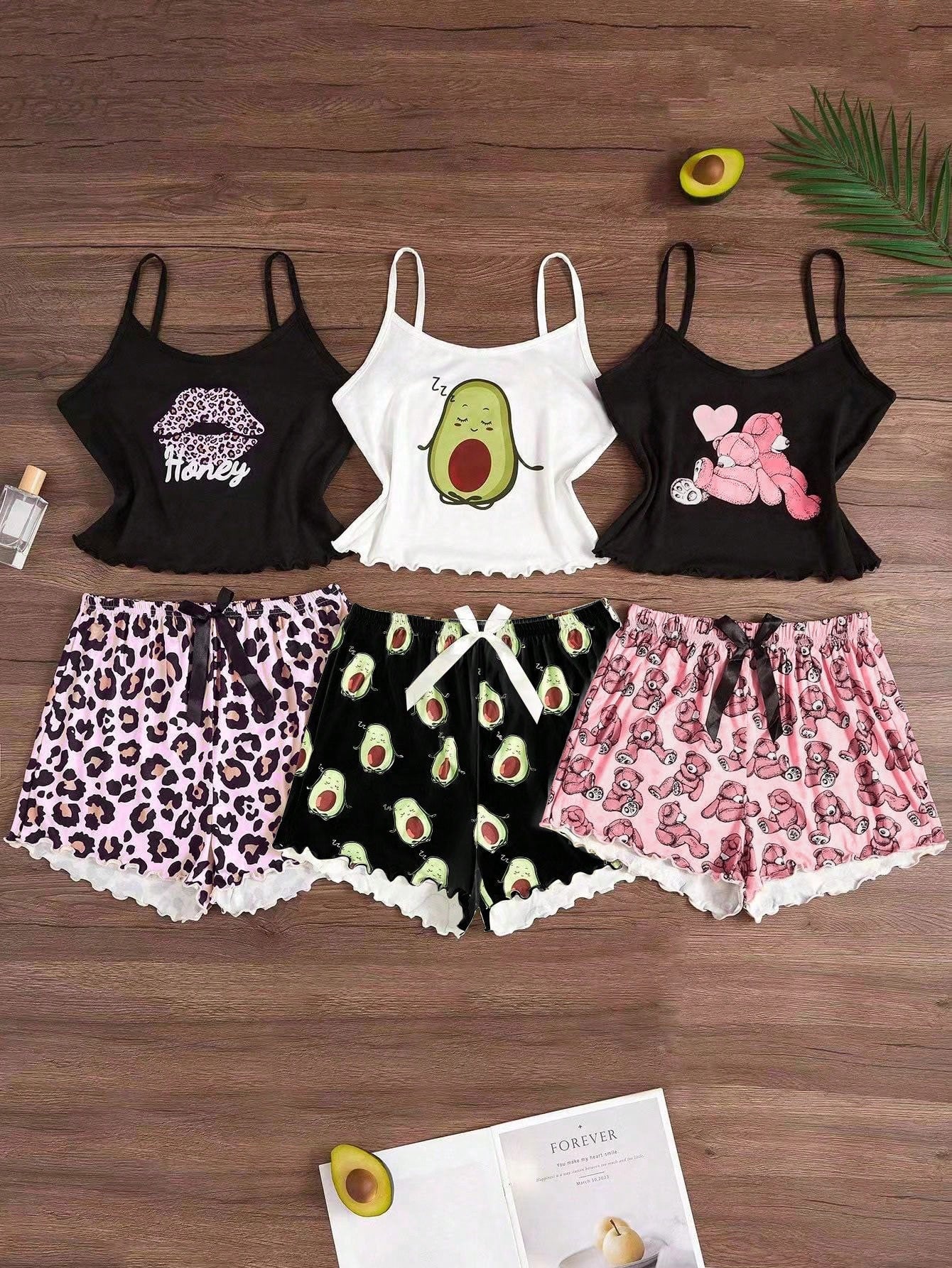 3pcs/Set Cartoon Print Camisole & Shorts Pajama Set