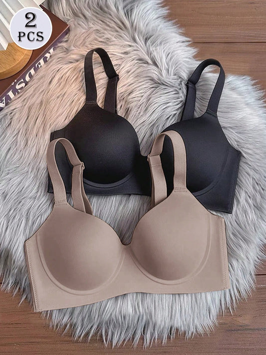 2pcs Minimalist Solid Color Bras, Wire-Free Padded Push-Up Seamless Underwire Bras, Full Cup