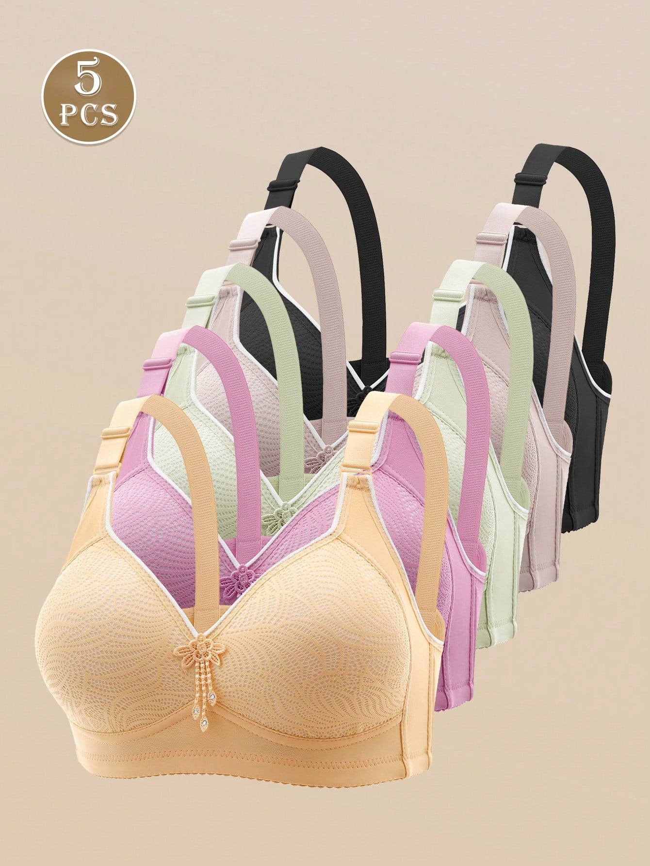 5pcs Non-Underwire Print Lightly Padded Adjustable Push-Up Bras For Women