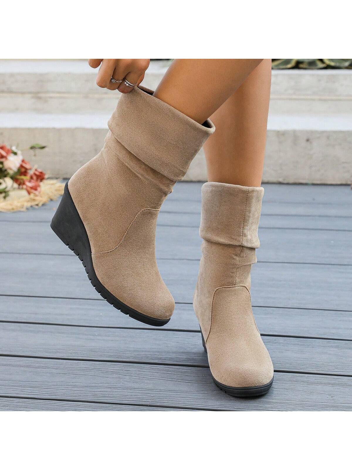 Women's Platform Mid-Calf Boots, New Design Pleated Casual Everyday Wear Short Boots, Thick Sole Equestrian Boots